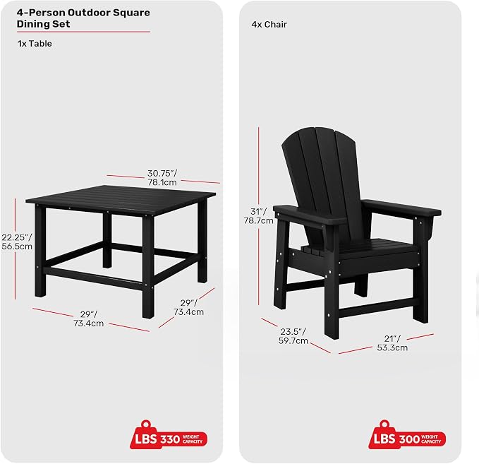 Costaelm Paradise Kids 5-Piece HDPE Outdoor Square Patio Dining Table and Chairs Set, Black