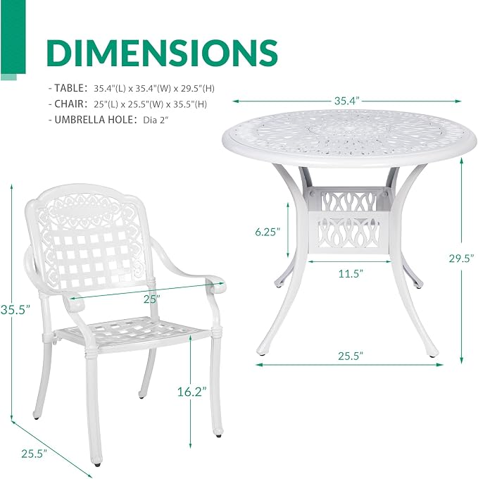 VIVIJASON 3-Piece Outdoor Patio Bistro Set, All-Weather Cast Aluminum Furniture Dining Sets Include 2 Chairs and 35.4" Round Table w/Umbrella Hole for Balcony, Lawn, Garden, Backyard, White