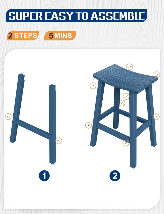 Weatherproof Bar Stools Set of 2, 28" Height Outdoor Bar Stools Holds up to 400 lbs, Saddle Seat, Bar Height Stools for Patio, Garden, and Kitchen Island, Blue