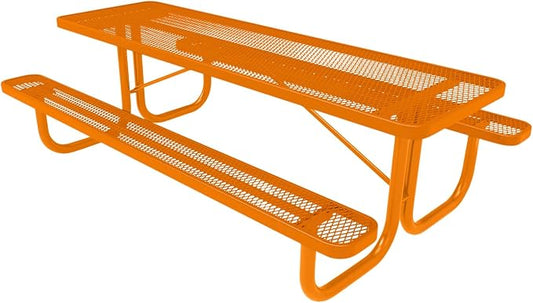 COATEDOUTDOORFURNITURE Heavy-Duty Portable Outdoor Picnic Table, Thermoplastic Coated Expanded Metal Commercial-Grade Patio Furniture Made in America (8ft Rectangular, Orange with Orange Frames)