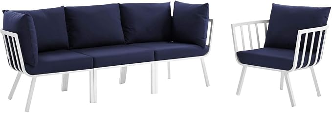 Modway Riverside 4 Piece Outdoor Patio Aluminum Set, 114 x 61.5 x 28, White Navy