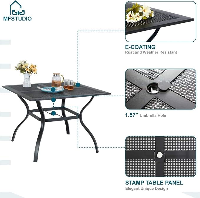 MFSTUDIO Patio Dining Set for 4, Outdoor Table and Chairs Set with Umbrella Hole, 5 Piece Metal Patio Furniture Set for Deck, Backyard, Poolside & Garden