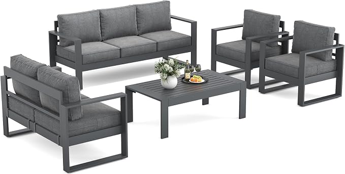 Outdoor Aluminum Furniture Set - 5 Pieces Modern Patio Conversation Sets Metal Sectional Sofa with Coffee Table