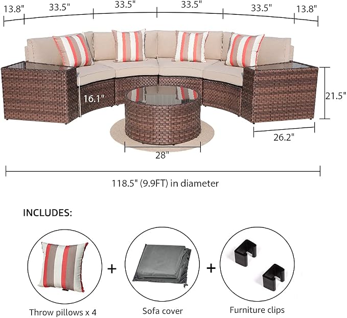 SUNSITT 7 Pieces Patio Furniture Set Outdoor Half-Moon Sectional Set with Waterproof Sofa Cover, Brown PE Wicker & Beige Cushion