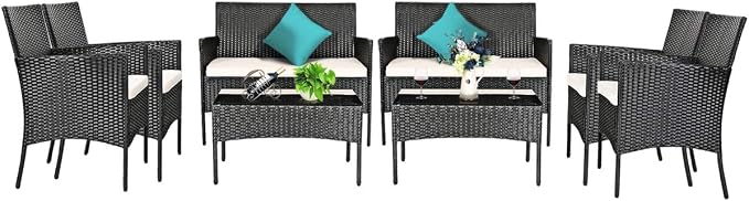 Tangkula 8 Piece Patio Furniture Set, Outdoor Wicker Conversation Set with Tempered Glass Coffee Table, Rattan Loveseat & Chairs Set with Seat Cushions for Backyard, Garden, Poolside (2, Beige)