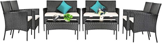 Tangkula 8 Piece Patio Furniture Set, Outdoor Wicker Conversation Set with Tempered Glass Coffee Table, Rattan Loveseat & Chairs Set with Seat Cushions for Backyard, Garden, Poolside (2, Beige)