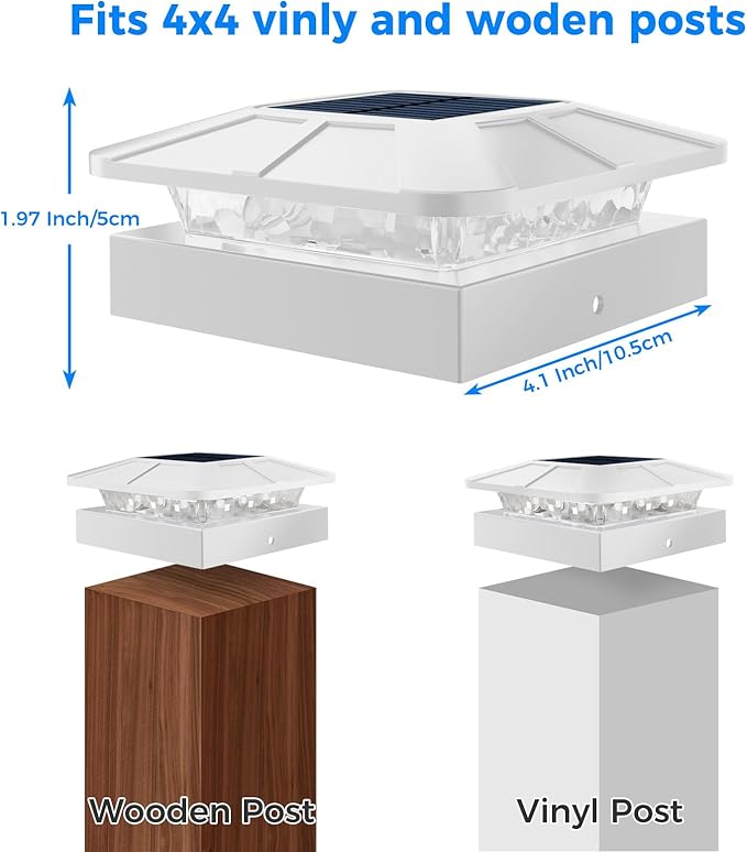 4x4IN Solar Post Cap Lights Outdoor with 3 Modes, 4 Packs White Fence Light Solar Powered Waterproof for Wood/Vinyl Posts for Deck Yard Garden Patio Outside