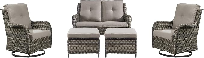 Rilyson Wicker Patio Furniture Set - 5 Piece Rattan Outdoor Sectional Conversation Sets with 2 Rocking Swivel Chairs,2 Ottomans and 1 Loveseat for Porch Deck Garden(Mixed Grey/Grey)