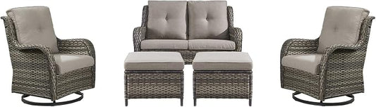 Rilyson Wicker Patio Furniture Set - 5 Piece Rattan Outdoor Sectional Conversation Sets with 2 Rocking Swivel Chairs,2 Ottomans and 1 Loveseat for Porch Deck Garden(Mixed Grey/Grey)