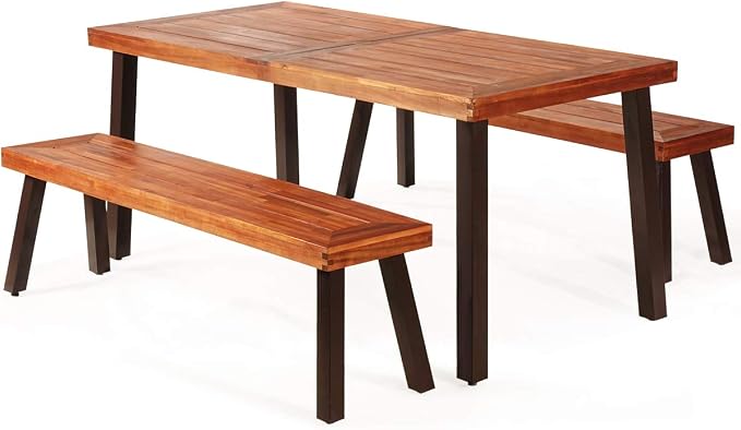 Giantex Patio Dining Table Set with 2 Benches, Outdoor Picnic Table Set with Umbrella Hole, Acacia Wood Patio Seating and Rectangular Table for Backyard, Garden, Lawn (Rustic Brown)