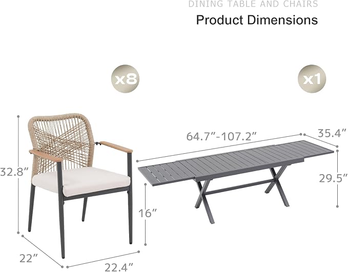 SUNSITT 9 Piece Outdoor Patio Dining Set, 65" - 107" Metal Expandable Outdoor Dining Table with X-Shape Legs, 8 Woven Wicker Patio Chairs w/WPC Armrests for Garden, Dark Grey