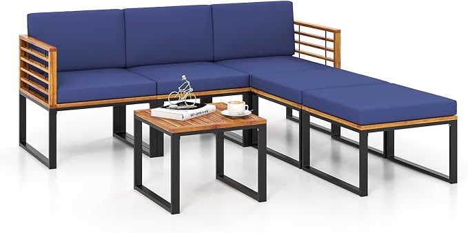 Tangkula 6 Pieces Acacia Wood Patio Furniture Set, Outdoor Sectional Conversation Sofa Set with Cushions, Coffee Table and Ottomans, Metal Frame Patio Sofas for Garden, Poolside, Backyard, Navy