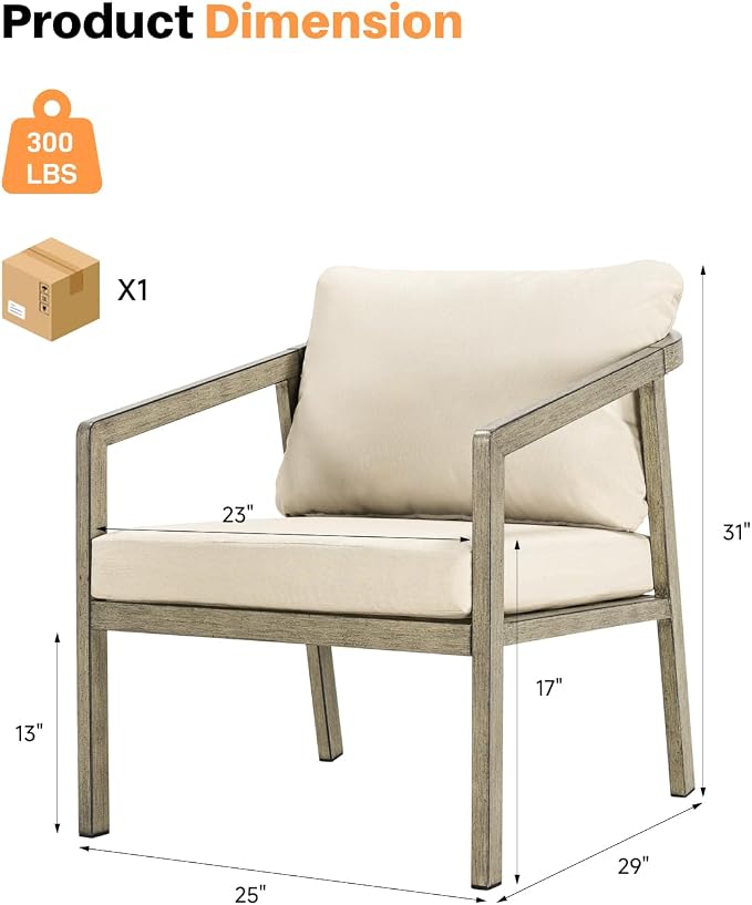 Patio Sofa Chairs Set of 2, Never-Rust Aluminum Outdoor Armchair with Thick Cushions, All Weather 2 Pieces Outdoor Club Chairs, Outdoor Sofa Chairs for Deck, Backyard, Porch, Gray Oak