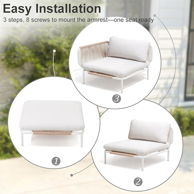 8 Piece Modern Outdoor Sectional Sofa, 31" Oversized Patio Furniture Set with Olefin Woven Rope, Weather-Resistant Metal Frame and Removable Cushion, Beige