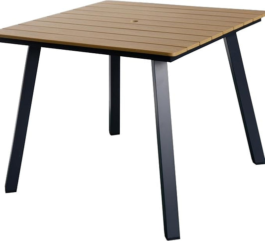 35" Square Patio Dining Table, with Umbrella Hole, Heavy Duty Iron Frame and WPC Top, All-Weather Outdoor Patio Table for Backyard, Garden and Outdoor Dining