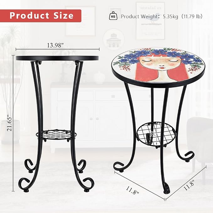 14 Inch Mosaic Patio Side Table with Scroll Legs, Indoor Outdoor Accent Round End Table with Ceramic Tile Tops for Yard, Garden, Living Room, Bistro, B - Red Hair Girl
