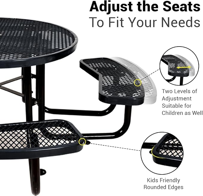 46" Thermoplastic Picnic Table with Umbrella Hole up to 1.5", Heavy Duty Commercial Picnic Table for Outdoor, Family & Party Ready for School Camping, Round, Black