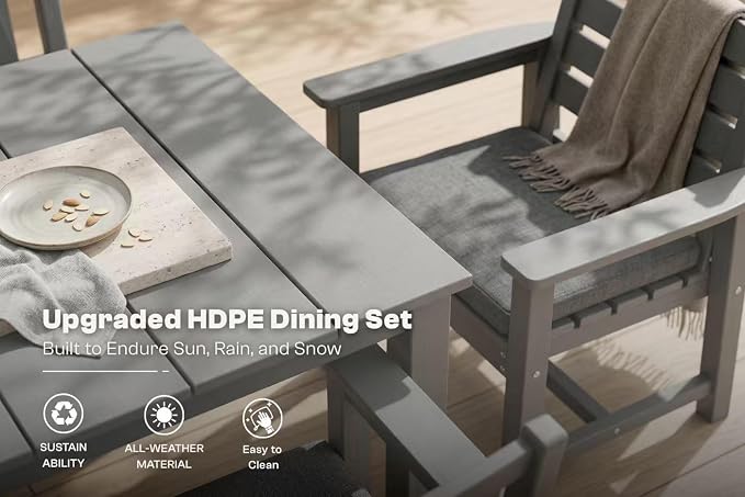 Perli™ 7-Piece Outdoor Dining Set, All-Weather HDPE Patio Furniture with 6 Ergonomic Chairs & Large Table, Built-in Umbrella Hole, UV-Resistant Set for Backyard, Deck, Poolside, Grey