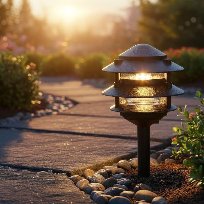 Generation Lighting Hardwired 120V Outdoor Pagoda Path Light, Black | Wet-Rated Aluminum Fixture with Clear Glass, Landscape Path Lights, Garden Lights, or Outdoor Lighting for Driveway Decor