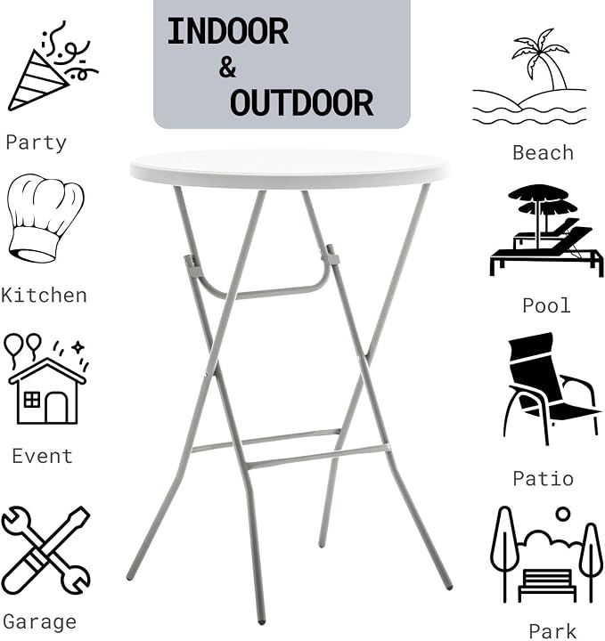 BTEXPERT Set of 2, White 2.63 Ft 32in Round Plastic Bar Height Folding Table 330lb Weight Capacity Indoor Outdoor Accessory for Patio Backyard Dining Wedding Party Events Home, Thick Top Metal Frame