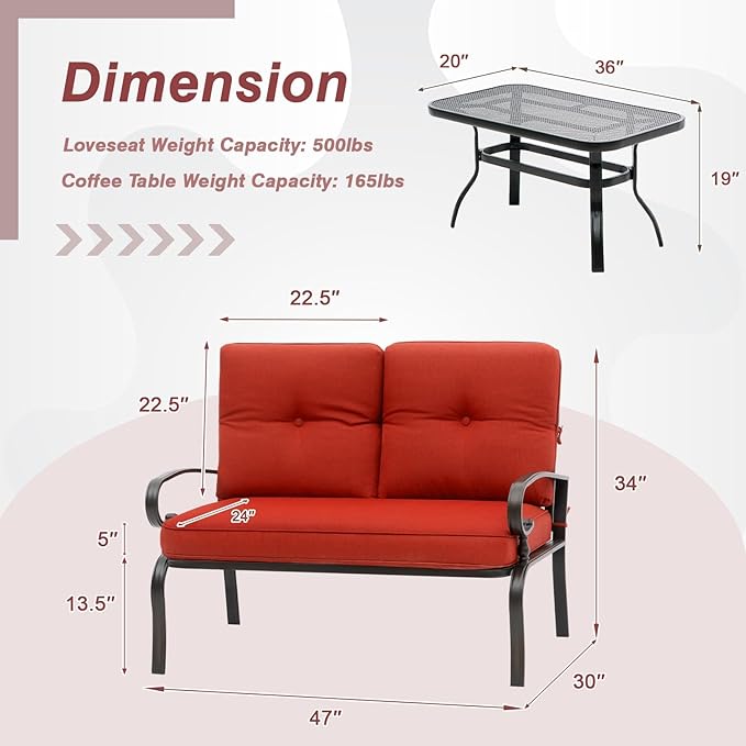 Oakcloud 8Pcs Metal Outdoor Furniture Patio Conversation Set (4 Spring Chairs, Loveseat, Bistro Table, 2 Coffee Tables) - Wrought Iron Patio Chair Set with Cushions (Red)