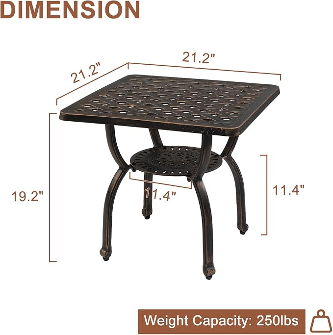 VINGLI 22" Cast Aluminum Outdoor Side Table, All Weather Patio Side Table Outdoor End Table for Patio, Porch, Deck, Garden (Square)
