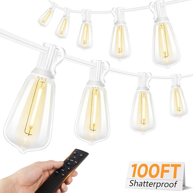 100FT Outdoor String Lights with Remote, Dimmable LED Patio Lights with 32 ST38 Shatterproof Vintage Bulbs, 2700K Warm White 3 Modes 2 Timer Outside Light for Yard, Deck, Cafe, White