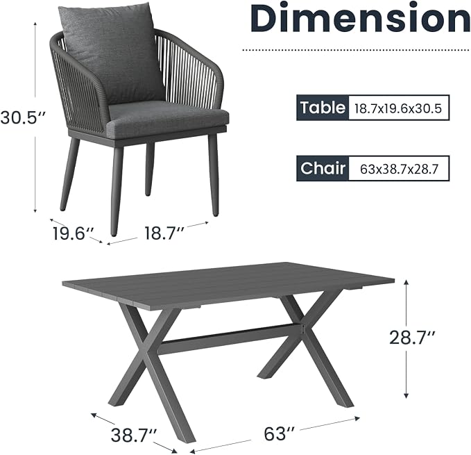 5-Piece Patio Dining Table Sets, Woven Wicker Dining Set with Rectangular Aluminum Table and Dining Chairs Modern Outdoor Dining Furniture Set for Outdoors and Indoors