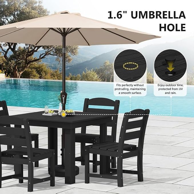 KINGYES 5-Piece HDPE Outdoor Dining Set for 4, Square Patio Table & Armless Chairs with Umbrella Hole, All-Weather Patio Dining Set for Backyard, Garden, Lawn & Poolside, Black