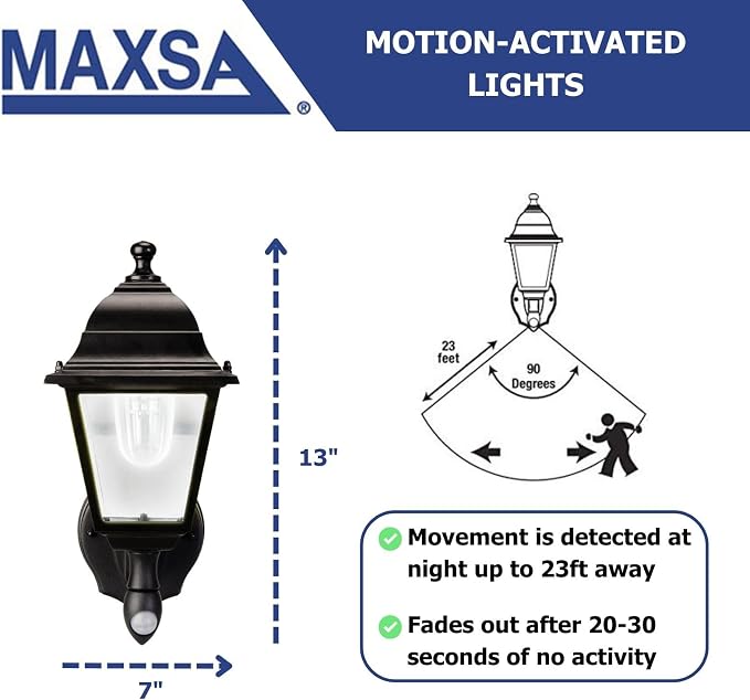 Maxsa 44219 Premium Wireless Battery-Powered Motion-Activated Decorative Outdoor Wall Sconce Lighting Fixture, Cool White LED, Metal Housing, Black