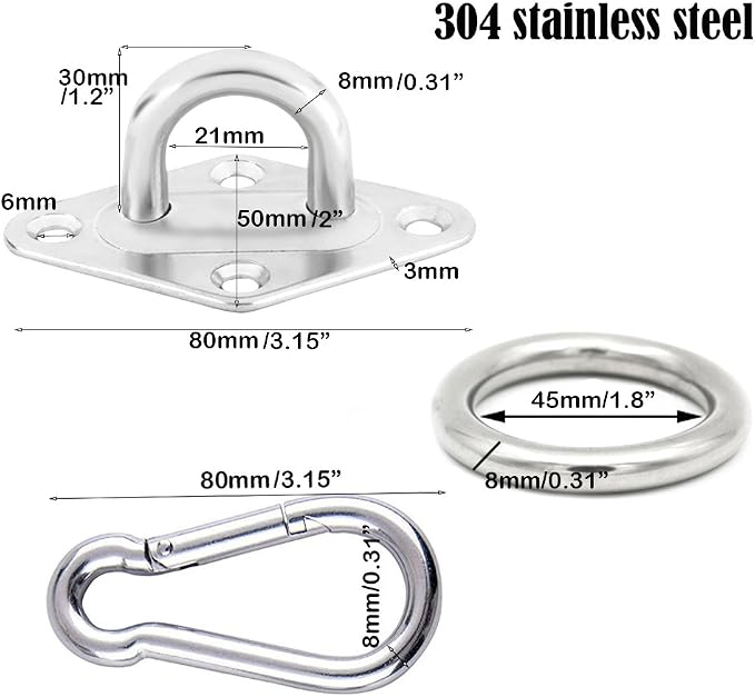 TooTaci Hammock Hook Heavy Duty, 1100lb Capacity M8 304 Stainless Steel Pad Eye Snap Hooks and O Ring, Hammock Hanging Kit, Hammocks Wall Mount Kit Ceiling Hook for Swing Chairs Hanging | 2pcs M8 Hammock Hooks with O Ring, Snap Hook,Screws Bolts, Ideal...