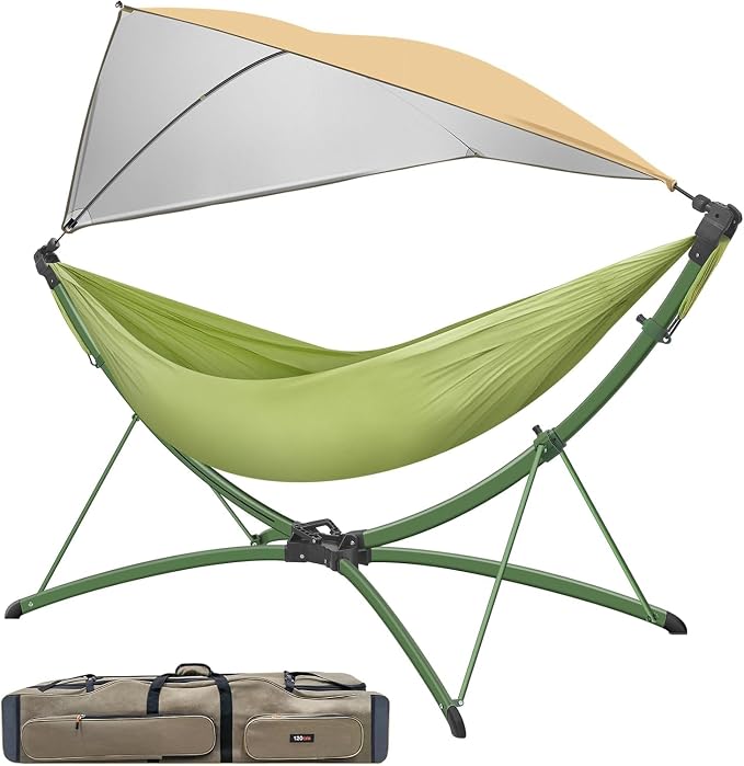 Portable Hammock with Quick Setup Folding Stand & Adjustable Sunshade Canopy & Storage Bag, Adult/Child Hammock Chair, for Camping Home Garden Hotel Outside Beach Forest (Green)