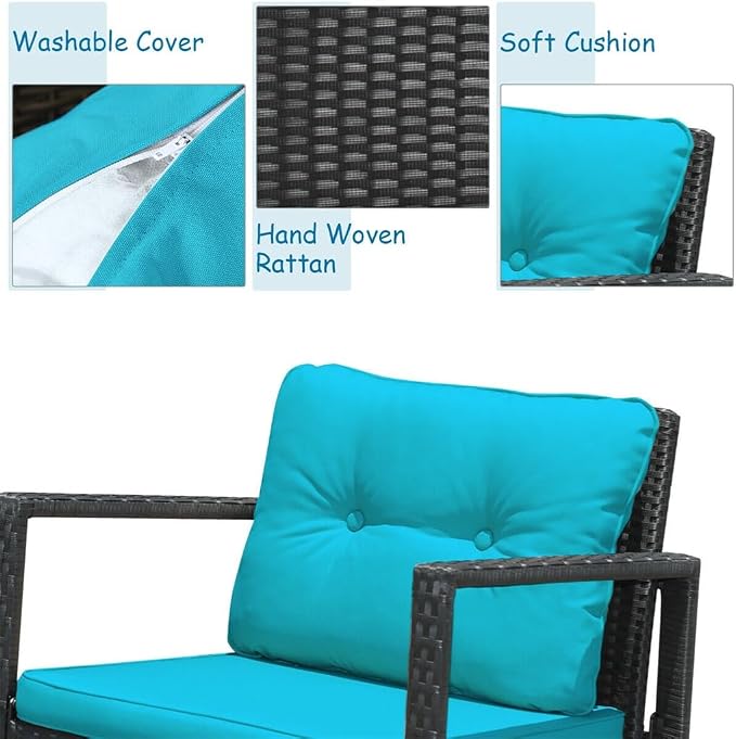 3PCS Patio Rattan Furniture Set Rocking Chairs Cushioned Conversation