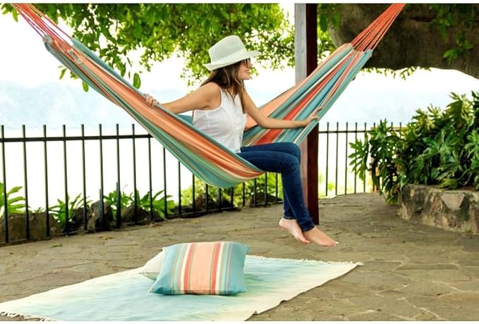 Pastel Striped Cotton Hammock for Indoor or Outdoor Use – 90x50 Inches, 250 lbs Capacity, Bohemian Style for Patio, Porch, Poolside, Deck, Living Room