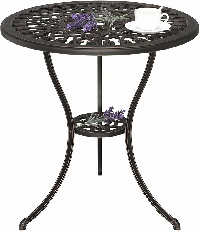 23" Round Cast Aluminum Patio Bistro Table, Outdoor Coffee Bistro Side Table with Umbrella Hole, Antique Design Dining Desk for Backyard, Garden, Porch, Pool, Balcony, Bronze