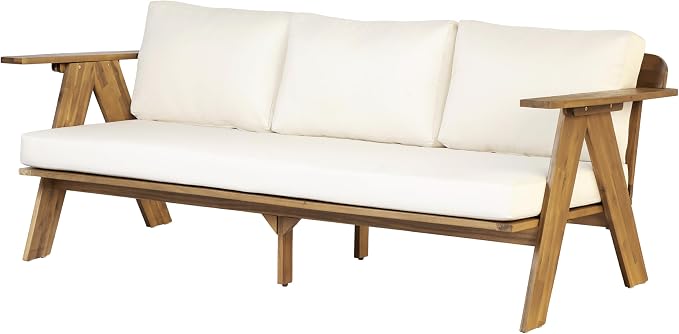 Christopher Knight Home Dina 4-Piece Patio Furniture Set, Acacia Wood Outdoor Conversation Set with Coffee Table, Outdoor 3-Seater Sofa and Club Chairs Set with Cushions for Backyard, Teak+Beige