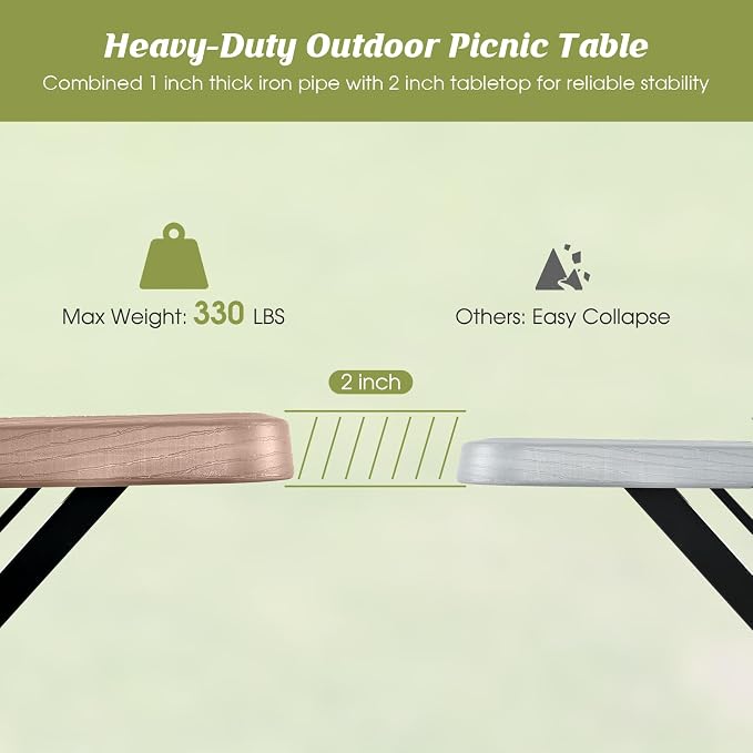 LDAILY Picnic Tables, Rectangular Picnic Table with Steel Frame, 2 Benches Set, HDPE Tabletop, Plastic Picnic Table for Outdoor, Camping, Patio, Lawn, Yard, Picnic Parties (Wood Color)