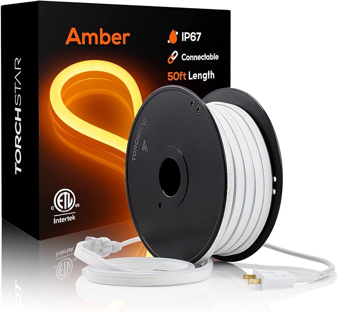 TORCHSTAR 50ft LED Neon Rope Light, Amber LED Strip Lights | Outdoor IP67 Waterproof, 120V UL Plug, ETL Connectable, Neon Light Strip for Shop Sign, Patio Decor, Max 2 Sets (100FT)