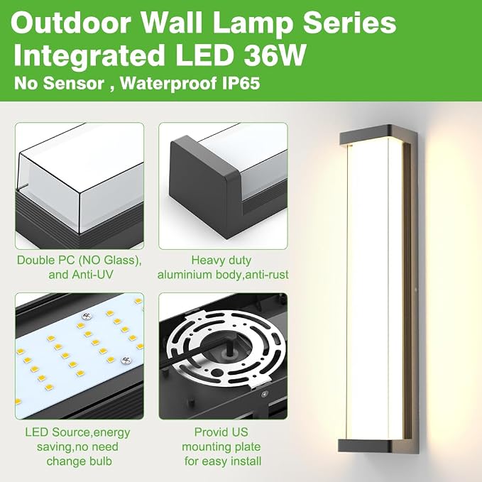 10%-100% Dimming Exterior Garage Lights,23.6in Dimmable LED Modern Patio Wall Light Fixture, Rectangle Black Aluminum+Dual PC Wall Sconce for Garage Bathroom Room Courtyard House(3000K)
