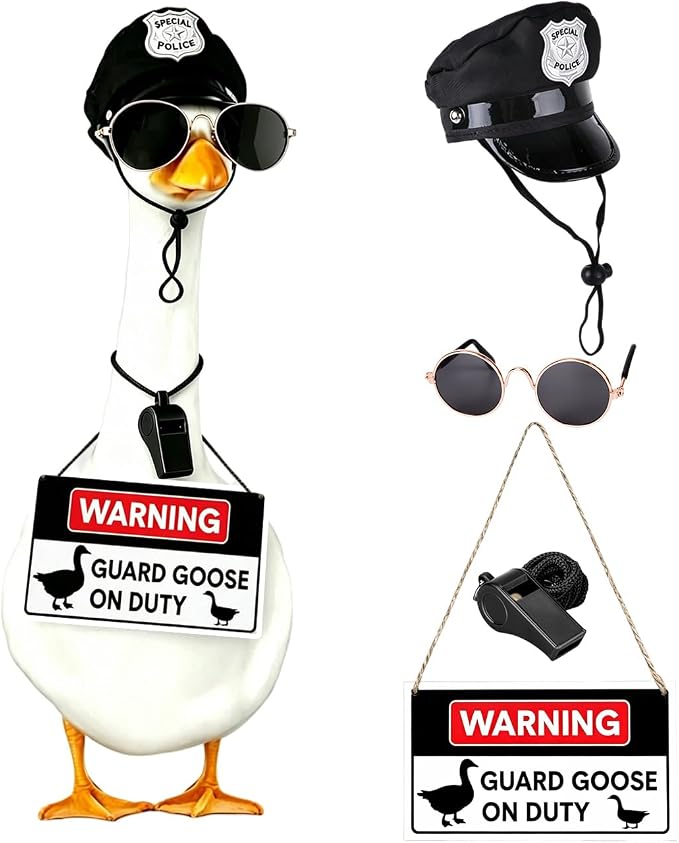 4 Pcs Guard Goose Porch Goose Outfits, Funny Police Costume with Cap, Sunglasses, Whistle and Warning Sign for 17/23 Inch Lawn Goose Statue, Yard Patio Garden Decor Accessories