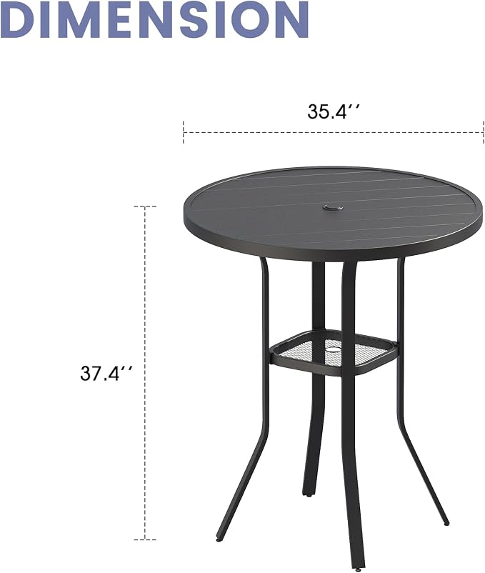 VICLLAX Outdoor Bar Table, 35.4" Wide Round Patio Bar-Height Table Metal Slatted Tabletop with Umbrella Hole for Balcony Front Porch Deck, Black