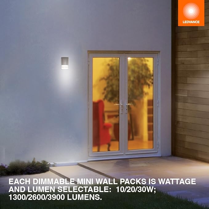 LEDVANCE Mini Wall Pack LED Luminaire, Non-Cutoff, 10/20/30W, 120-347V, Dimmable, 80 CRI, 3000/4000/5000K, Photocell, White - 1 Pack (62418)