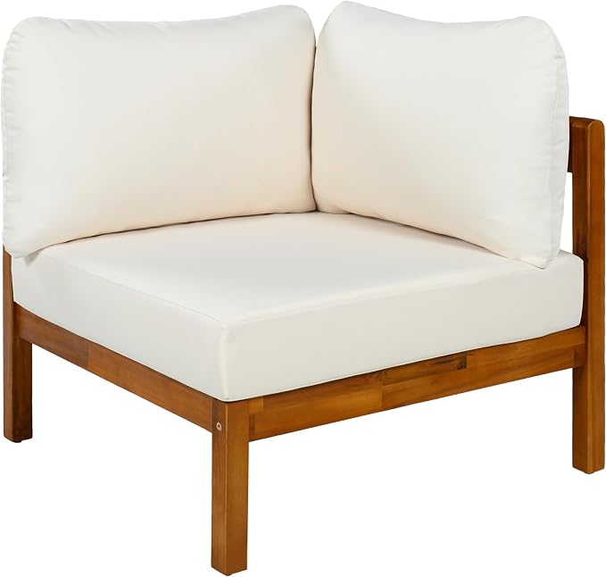 Outdoor Patio Conversation Furniture Set, Acacia Solid Wood Patio Furniture Set with 6 Soft Seat Cushions and Backpack, L-Shaped Outdoor Corner Sofa with Arc Frame for Backyard, Garden (White/16)