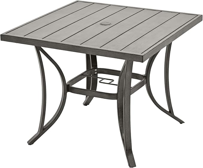HAPPATIO Square Outdoor Dining Table - Patio Aluminum Slat Dining Table with 2.2" Umbrella Hole, 4 Person Dining Table for Garden, Backyard and Poolside