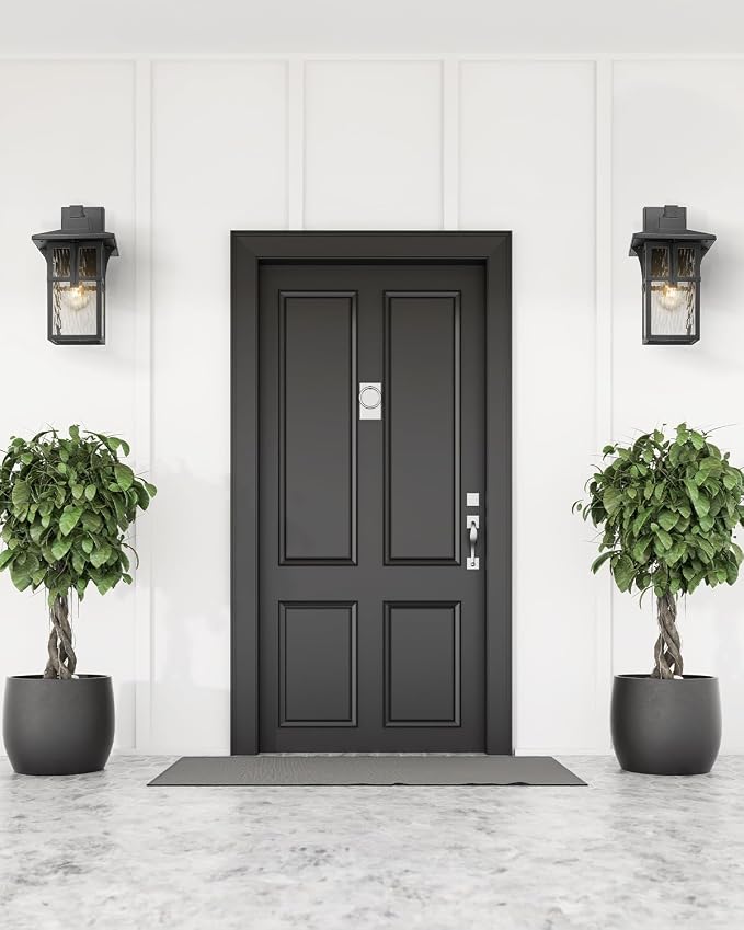 Outdoor Wall Light 2 Pack, HWH Exterior Wall Sconce Light Fixtures with Water Ripple Glass, Outside Lights for Porch, Patio, Balcony, Matte Black Finish, 5HX62B-2PK-SW BK