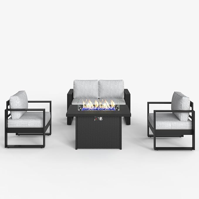 LayinSun 4 Pieces Aluminum Outdoor Patio Furniture Set, Metal Modern Conversation Sofa Set with Fire Pit Table and Washable Thick Cushions for Porch, Backyard, Deck