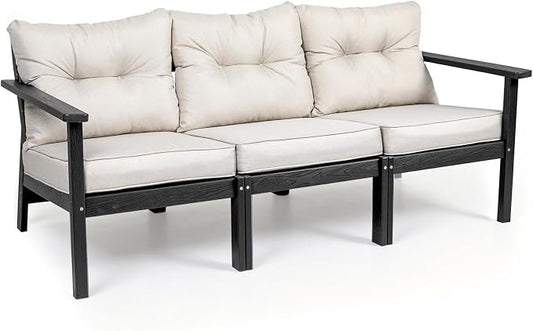 3 Seat HDPE Patio Sofa, Outdoor Couch with Thick Cushions, Patio Furniture | Water-Resistant Thick Cushion, HDPE All Weather, Wood-Grain, No Rot or Rust or Crack, UV Fade Shield, Easy-Clean for Outside