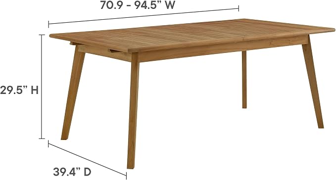 Modway Vienna Outdoor Patio Teak Wood Extendable Dining Table in Natural