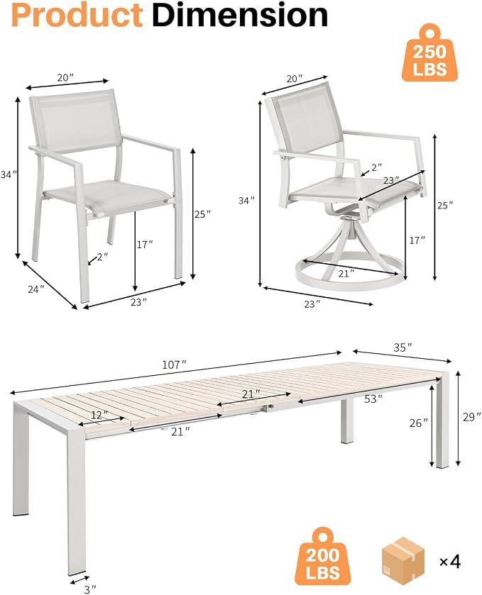 9-Piece Extendable Patio Dining Set with 2 Swivel Chairs, Never-Rust Aluminum Outdoor Dining Table Set, Oversized Expandable Dining Table with Wood Grain Top and Stackable Chairs for Balcony