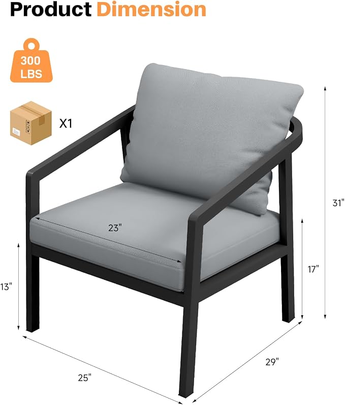 Patio Sofa Chairs Set of 2, Never-Rust Aluminum Outdoor Armchair with Removable Cushions, All Weather 2 Pieces Outdoor Club Chairs, Outdoor Sofa Chairs for Garden, Lawn, Backyard, Black
